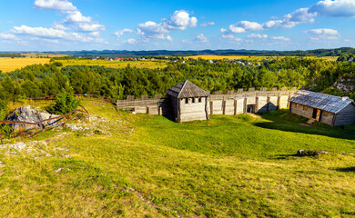 Fototapeta na wymiar Medieval Gora Birow Mountain royal stronghold near Ogrodzieniec Castle, at Cracow-Czestochowa upland in Podzamcze of Silesia region of Poland