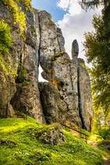 Jurassic limestone rock formations and natural caves in Gora Birow Mountain near Ogrodzieniec Castle, in Podzamcze at Cracow-Czestochowa upland in Silesia in Poland