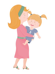 Mother with the daughter. Mom holds her daughter. Isolated on white background. Cartoon style. Vector Illustration of a Mother kissing her daughter. 