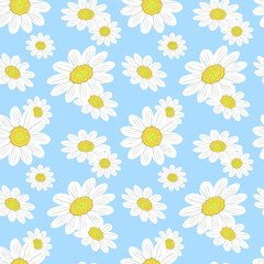 Seamless pattern with large flowers chamomile on a blue background. For printing on fabrics, textiles, paper, interior design. 