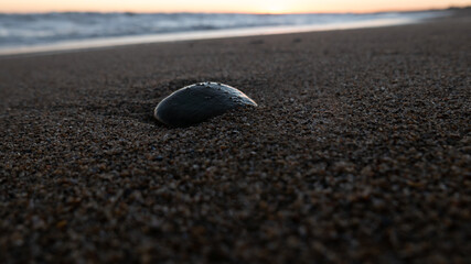 Piedra curva solitaria en la playa al atardecer