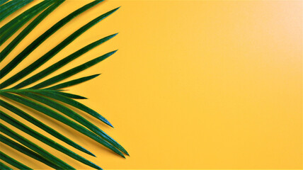 Green tropical palm leaves on bright yellow background. Minimal summer concept. Creative flat lay.
