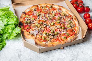 pizza vegetable fast food no meat no cheese snack savory pie healthy meal top view copy space food background rustic vegan or vegetarian food