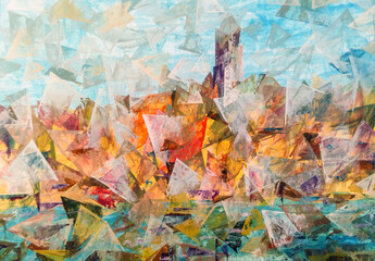 Abstract coastal landscape. Illustration of an art painting, acrylic on canvas