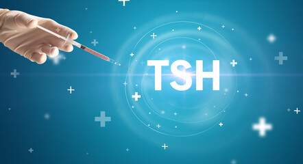 Syringe needle with virus vaccine and TSH abbreviation, antidote concept