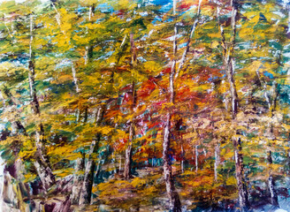 Autumn forest landscape. Illustration of an art painting, acrylic on canvas