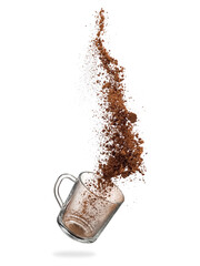 Cocoa powder up  from a glass mug on white background - 418772271