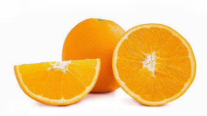 Cut in half and slice a ripe orange fruit with golden yellow peel. Isolated on white background with shadow.
