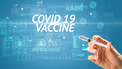 Syringe needle with virus vaccine and COVID 19 VACCINE inscription, antidote concept