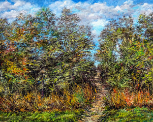 Forest path through the field and forest. Illustration of an art painting, acrylic on canvas