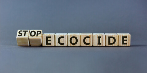 Stop ecocide symbol. Turned wooden cubes with words stop ecocide. Beautiful grey background, copy space. Business, ecological and stop ecocide concept.