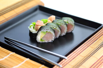 close-up of healthy and colorful sushi rolls