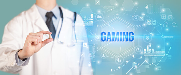 Doctor giving a pill with GAMING inscription, new technology solution concept