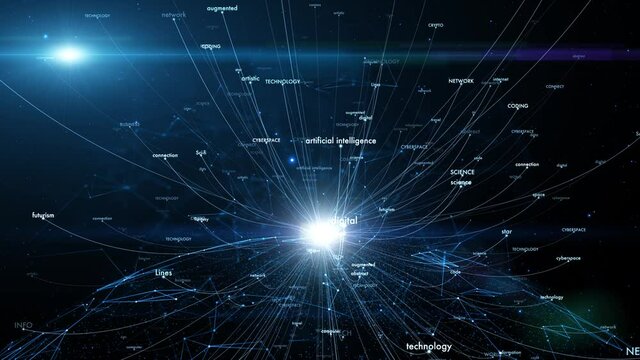 Science Artificial intelligence space animation word cloud dark background