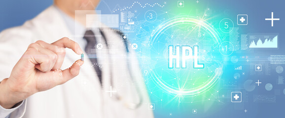 Close-up of a doctor giving you a pill with hPL abbreviation, virology concept