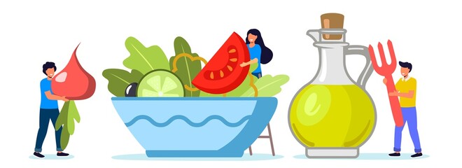 Cooking salad Tiny people standing by huge salad bowl Flat vector illustration for poster banner website Small men and women putting slices of vegetables to salad mixing bowl Healthy organic food