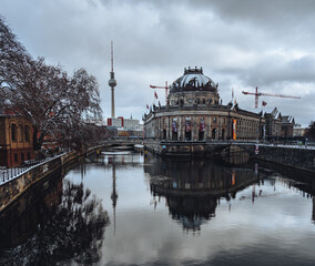 Beautiful winter view of snow covered Bode museum and UNESCO World Heritage Site Museumsinsel or...