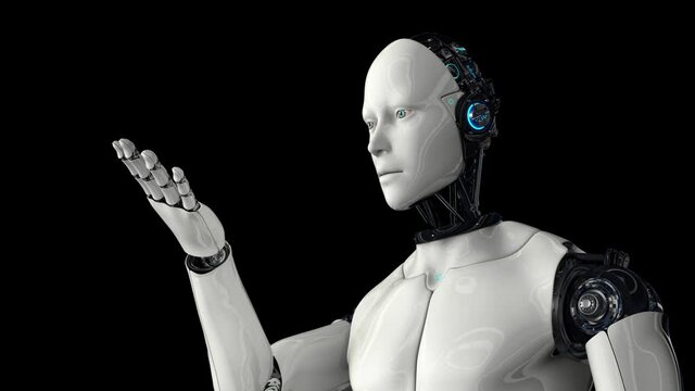 Artificial intelligence. Robot android moves its head, eyes and scans, studies the movement of his hand. The camera slowly zooms in on the robot. On a black background. 4K. 3D animation.