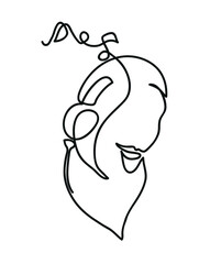 One line drawing of woman listening music via headphones. 
One continuous line drawing of woman listening to music