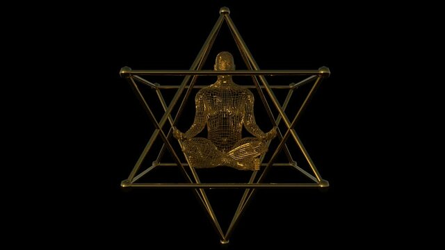 3d rotating merkaba with body made of gold mesh