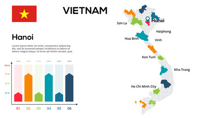 Vietnam map. Image of a global map in the form of regions of Vietnam regions. Country flag. Infographic timeline. Easy to edit