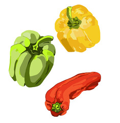 Red, green, yellow pepper, sweet paprika. Set with red, green, yellow pepper. Healthy food, natural product. Cooking plant, fresh meal. The plant is edible.  Vegetarian, vegetable, bright element, pri