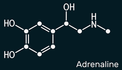 Adrenaline, epinephrine molecule.  It is hormone, neurotransmitter, medication. Used as drug due to its various important functions. Skeletal chemical formula on the dark blue background