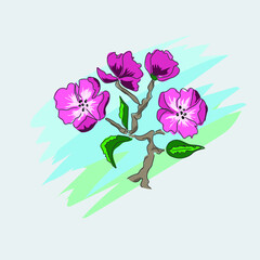 Beautiful colorful flower. Hand drawn plant branches. Greenery design elements.