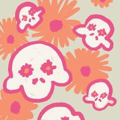 seamless pattern with flowers and sugar skulls 