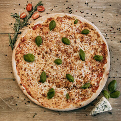 Golden margarita pizza decorated with basil leaves with blue cheese. sprigs of rosemary lie nearby