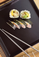 delicious sushi made from fresh and delicious and healthy fish prepared in a home way
