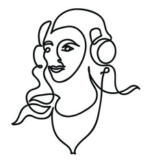One line drawing of woman listening music via headphones. 
One continuous line drawing of woman listening to music