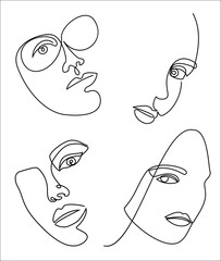 Collection. Silhouettes of the girl's head. Woman face in modern one line style. Continuous line drawing, aesthetic outline for decor, posters, stickers, logo. Vector illustration set.