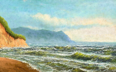 Oil paintings sea landscape, background with clouds, landscape with mountains and sky