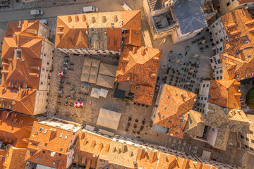 Aerial overhead drone shot of Gundulic Square market in Dubrovnink old town in Croatia summer sunrise