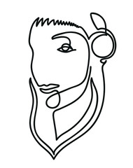 One line drawing of woman listening music via headphones. 
One continuous line drawing of woman listening to music
