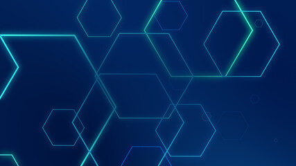 Hexagon geometric blue neon lights technology Hi-tech dark background. Abstract graphic digital future science concept design.