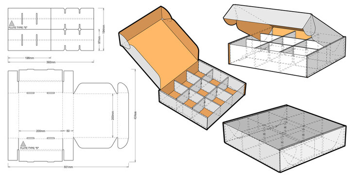 Cardboard Box For Sending Mail. Ease Of Assembly, No Need For Glue (internal Measurement Of Each Separator 6x6x5 Cm) And Die-cut Pattern. The .eps File Is Full Scale And Fully Functional.