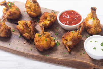 Chicken wings nuggets with sauces on wooden background .