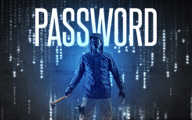 Faceless hacker with PASSWORD inscription, hacking concept