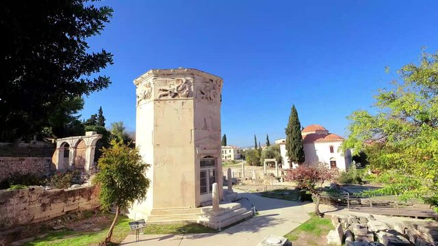 At the ancient Roman Agora of Athens, Greece. The marble tower building was an ancient solar clock with personified sculptures of the Winds, hence it's called Aerides (Winds).