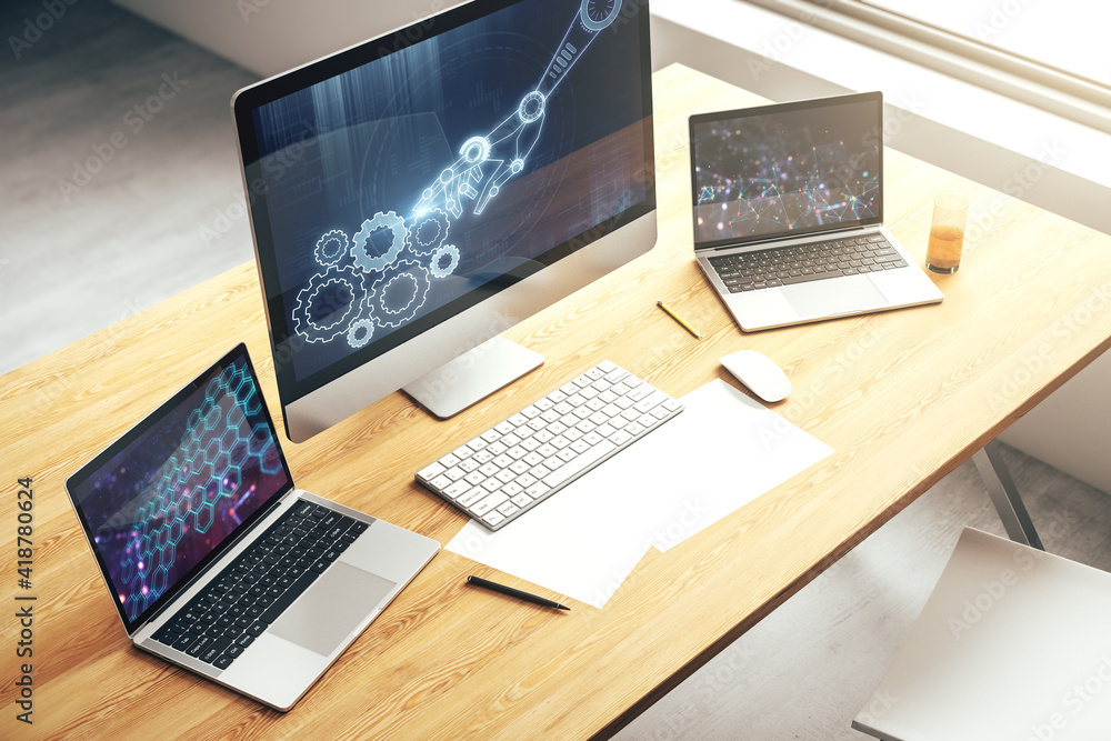 Poster creative concept of robotics technology on modern laptop screen. robot development and automation co