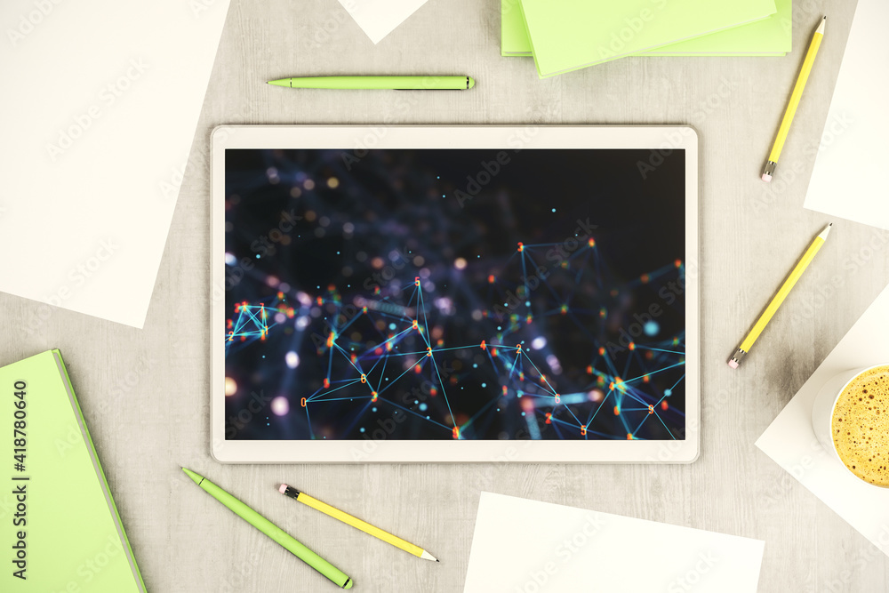 Poster creative concept of wireless technology on modern digital tablet screen. big data and database conce