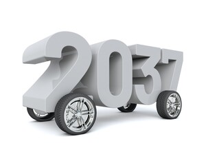 Obraz na płótnie Canvas 3D illustration of the number 2037 with car wheels on a white background