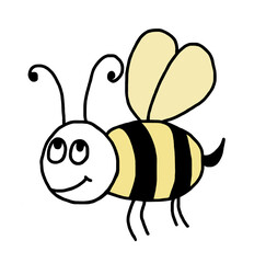 Yellow and black cartoon bee. A cheerful, honeybee on a white background. A beautiful insect with wings and whiskers. Print on children`s clothing, for a children`s bedroom or for a kindergarten.