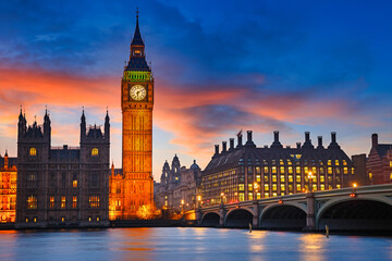 Fototapeta na wymiar Big Ben and westminster bridge at dusk in London