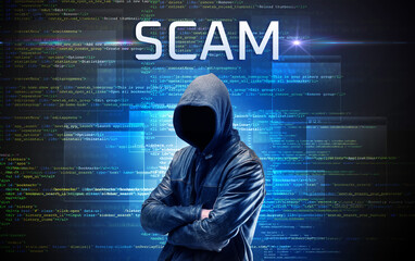 Faceless hacker with SCAM inscription on a binary code background