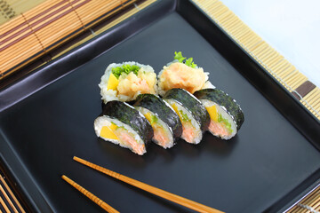delicious sushi made from fresh and delicious and healthy fish prepared in a home way