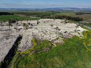 Tel Megiddo, Israel - March 7 2021: Ancient ruins of Megiddo (Armagedon) - obrazy, fototapety, plakaty