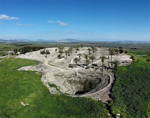 Tel Megiddo, Israel - March 7 2021: Ancient ruins of Megiddo (Armagedon) - obrazy, fototapety, plakaty